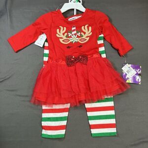 Blueberi Boulevard 2 Piece Christmas Red Reindeer Unicorn Dress /Girls 2T Sequin